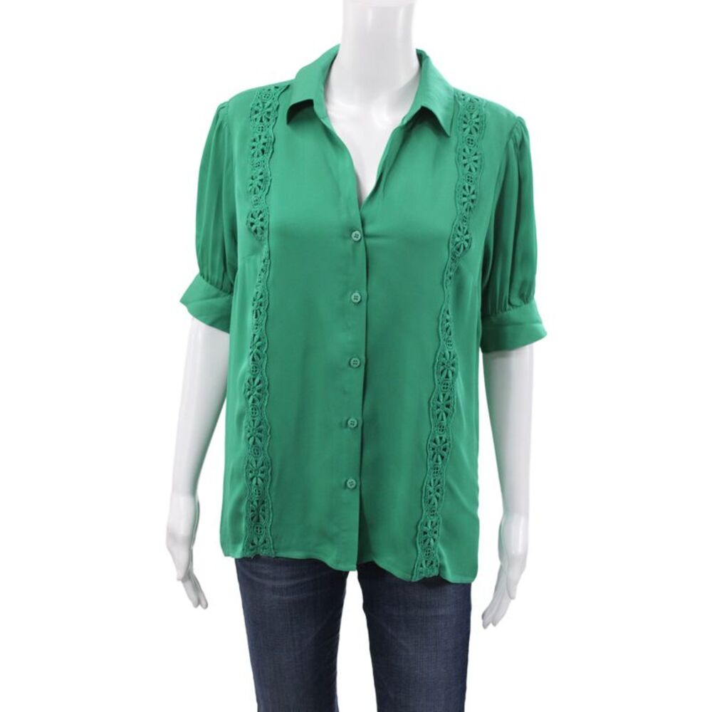 Elie Tahari Women Silk Green Collared Short Sleeve Blouse Basic Bohemian Size M